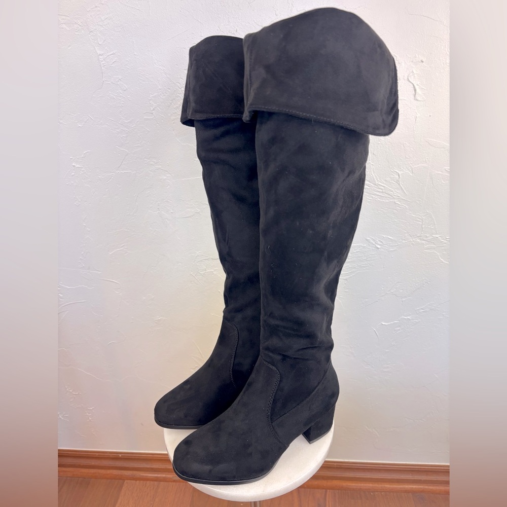 Knee High Faux Suede Cowboy Western Pull On Boots Shoe Heel Black Womens 7‎ Y2K